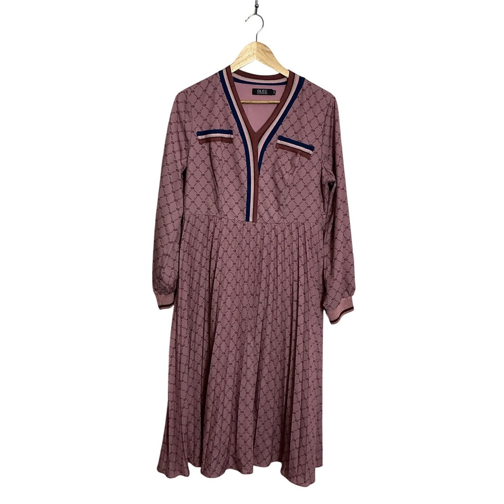 Glec 2XL Pink Allover Print Pleated Maxi Dress Preppy Lightweight